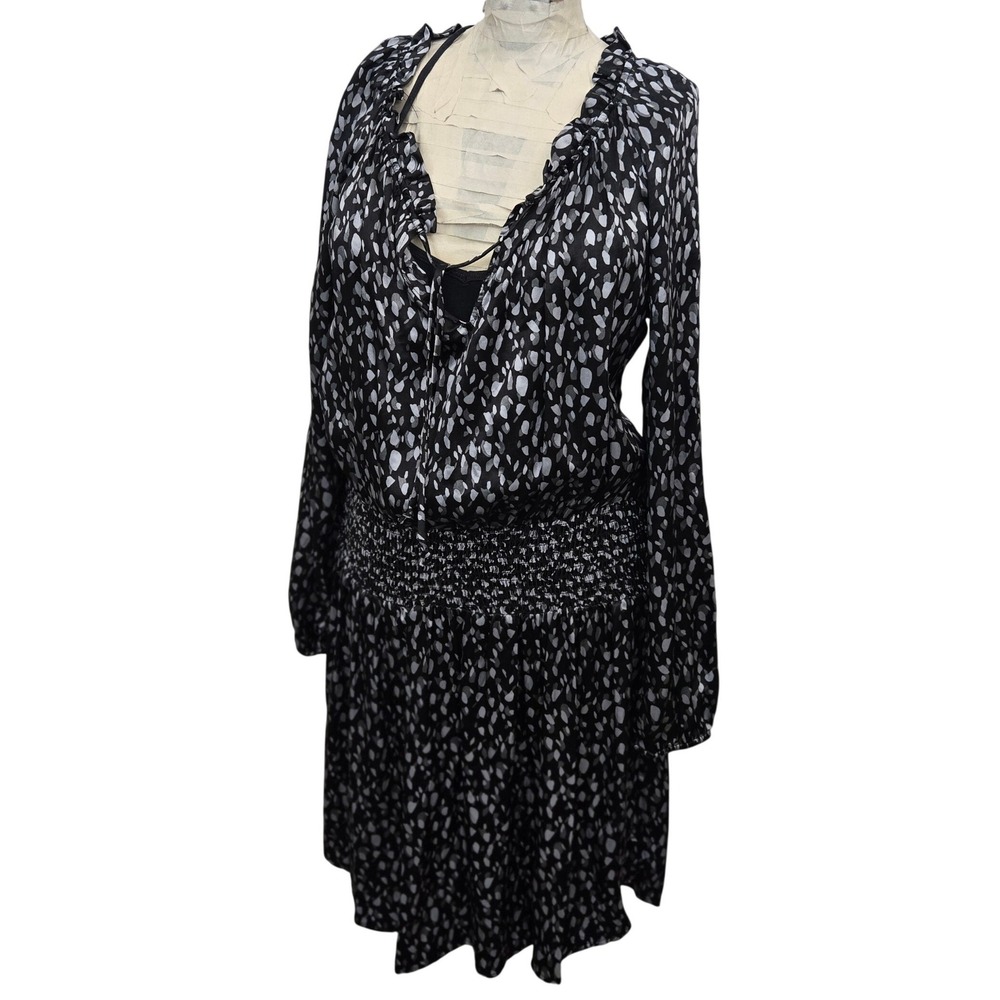 Fred Haute Dress Women's XS Black Gray Animal Print Smocked Waist Rayon USA Made